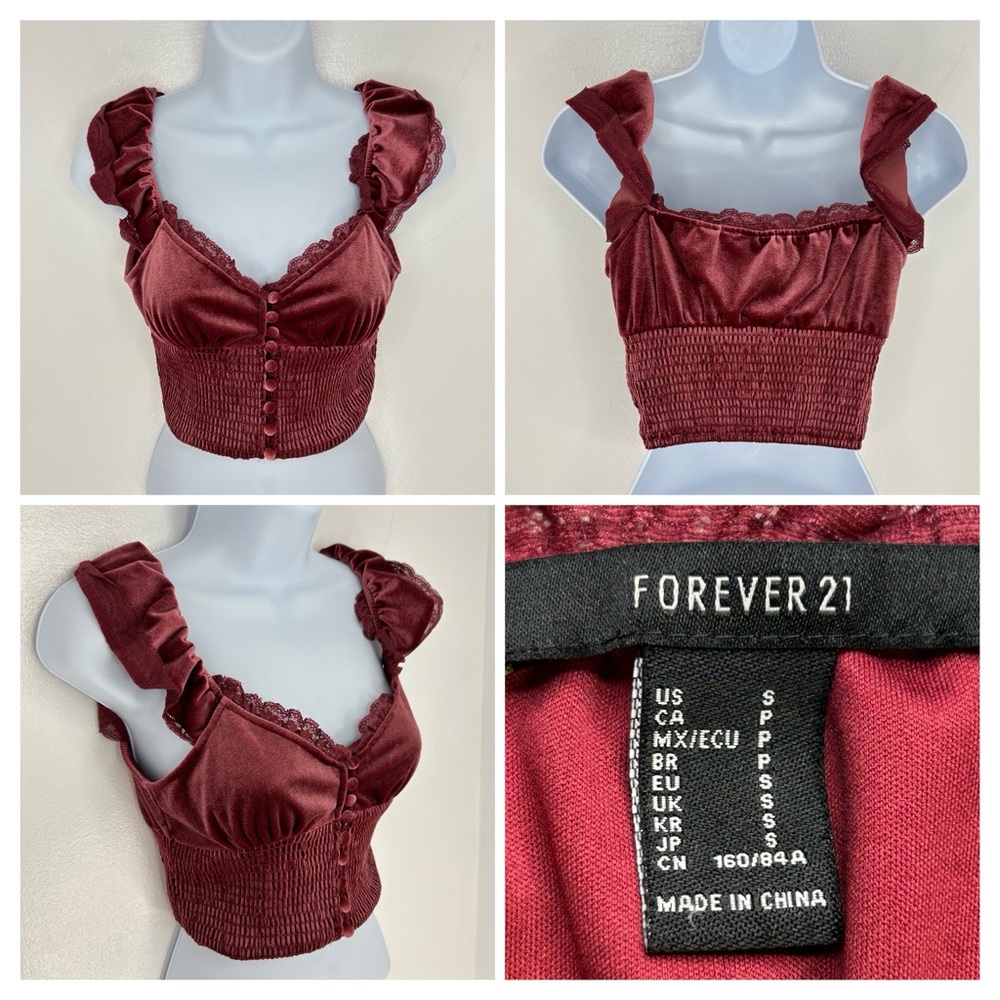 FOREVER 21 Velvet Cropped Smocked Tank Top Size Small Coquette Fairy Goth Chic